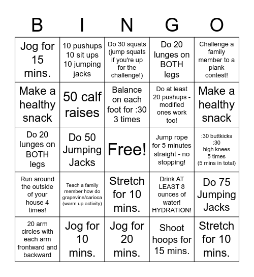 Week 8 Physical Activity BINGO Card