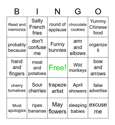 Final /z/ Bingo Card