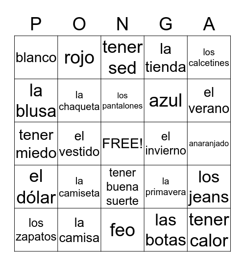 PONGA U4L1 Bingo Card