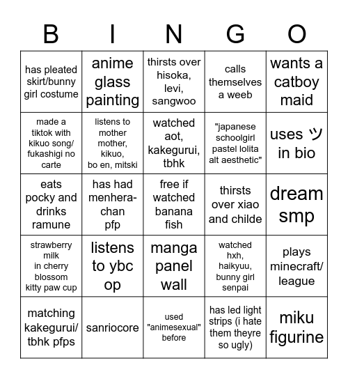 egirl bingo Card