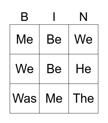 Sight Words Bingo Card
