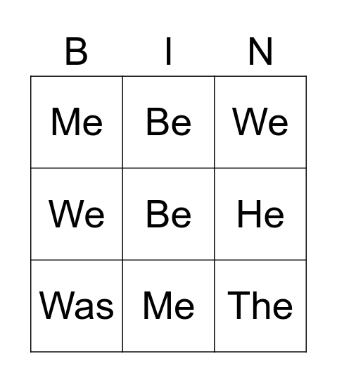Sight Words Bingo Card