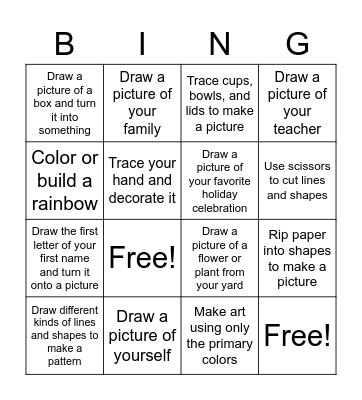 Kindergarten and First Grade Art Bingo Card