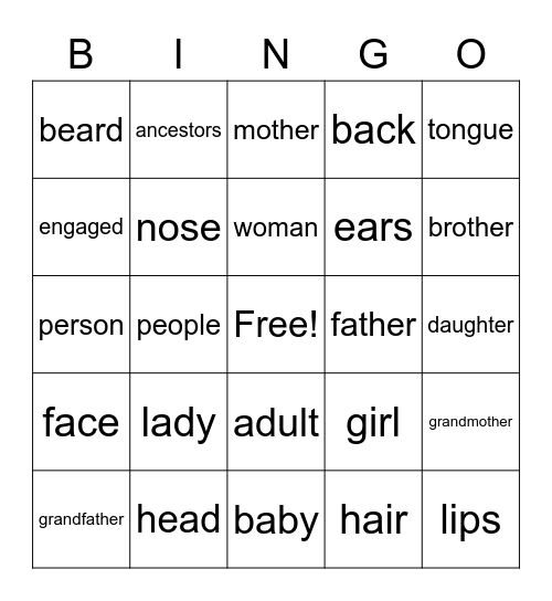 MGA ASL People and Body Bingo Card