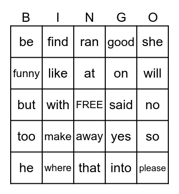 Sight Words Bingo Card