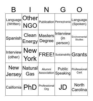 Skills Survey Bingo Card