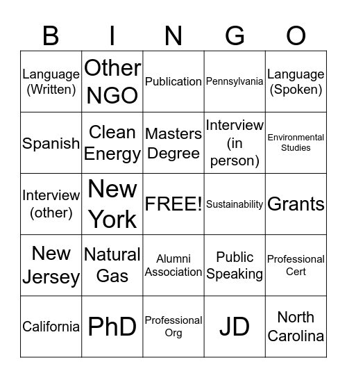 Skills Survey Bingo Card