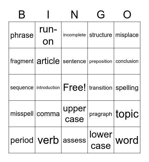 ABOUT WRITING Bingo Card