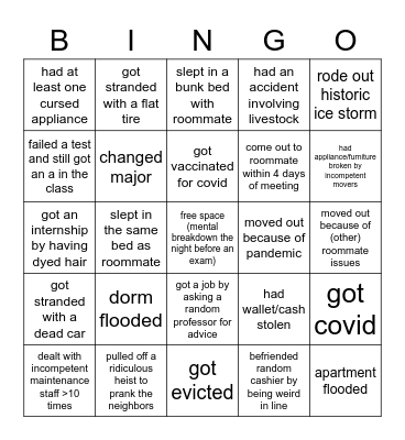 fun college experiences bingo :) Bingo Card