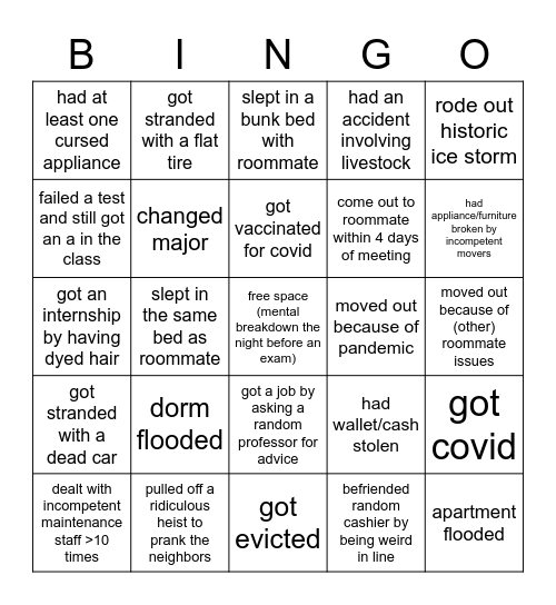 fun college experiences bingo :) Bingo Card