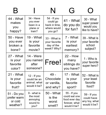 Getting to know you BINGO!! Bingo Card