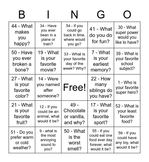 Getting to know you BINGO!! Bingo Card