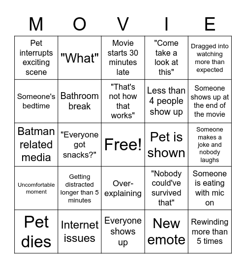 Movie Theater Bingo Card