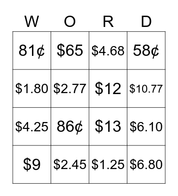 Money Word Problem Bingo Card