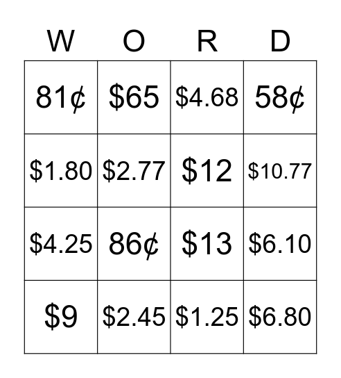 Money Word Problem Bingo Card
