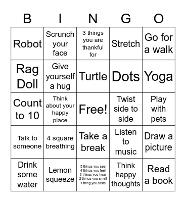 Calming Strategies Bingo Card