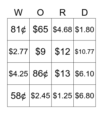Money Word Problem Bingo Card