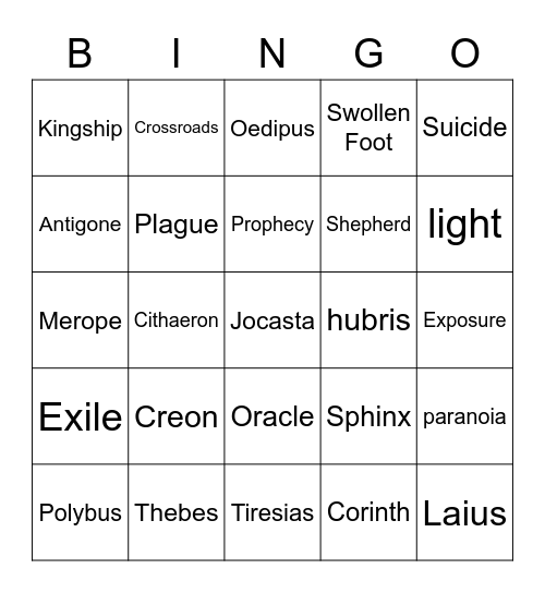 Oedipus Bingo Card