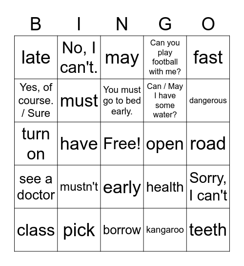 VanThink English 2B Lesson 25 Bingo Card