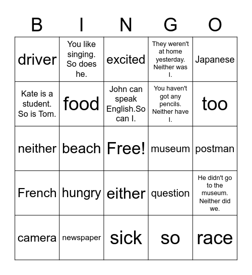 VanThink English 4A: Lesson 7 Bingo Card