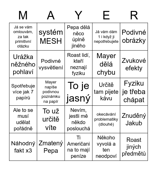 Maturitní seminář z fyziky Bingo Card