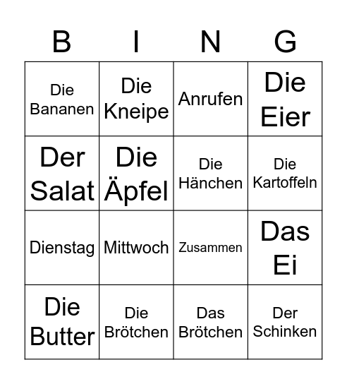 Vokabeln Schritt 26 + 28 Bingo Card