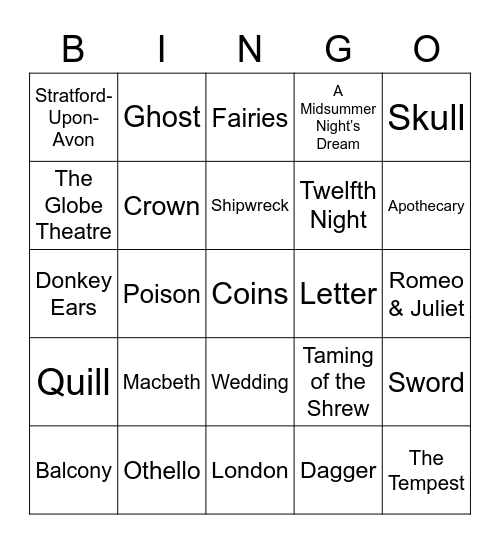 Shakespeare Bingo Card