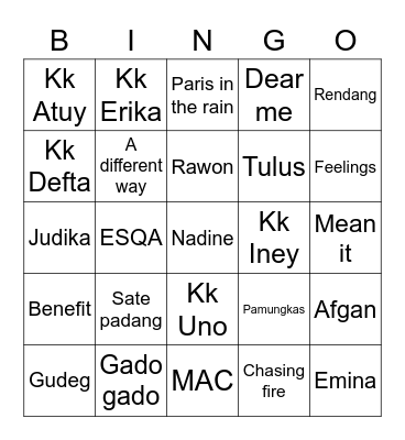 Nean Bingo Card