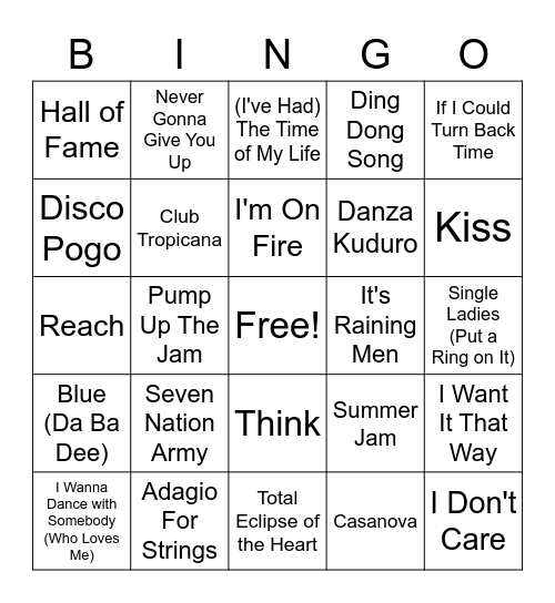Woohoo Music Bingo Card