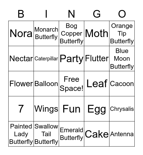 Butterfly Bingo! Bingo Card