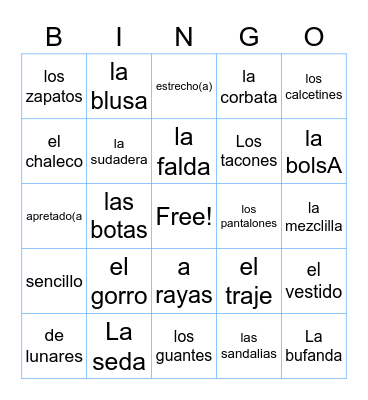 Ropa y Moda Bingo Card