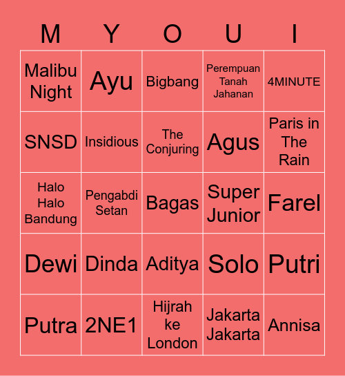 MYOUI Bingo Card