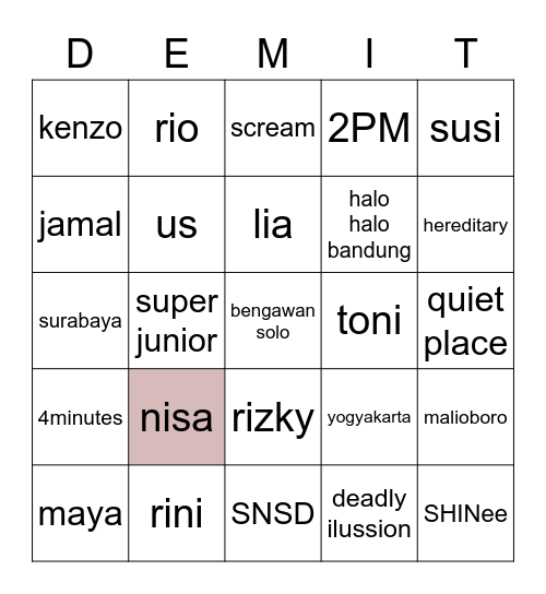 JENNIE Bingo Card