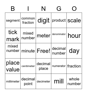 Decimal Vocabulary Bingo Card