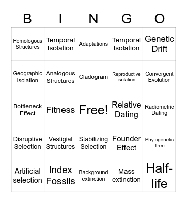 Evolution Vocab BINGO Card