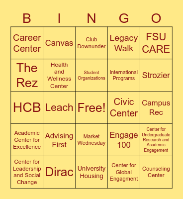 Florida State Campus Resources Bingo Card
