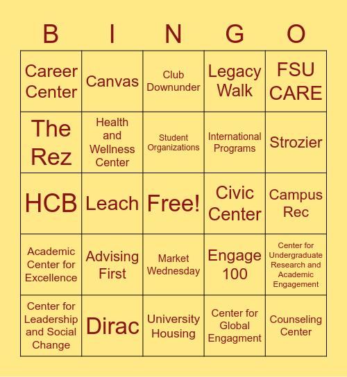 Florida State Campus Resources Bingo Card