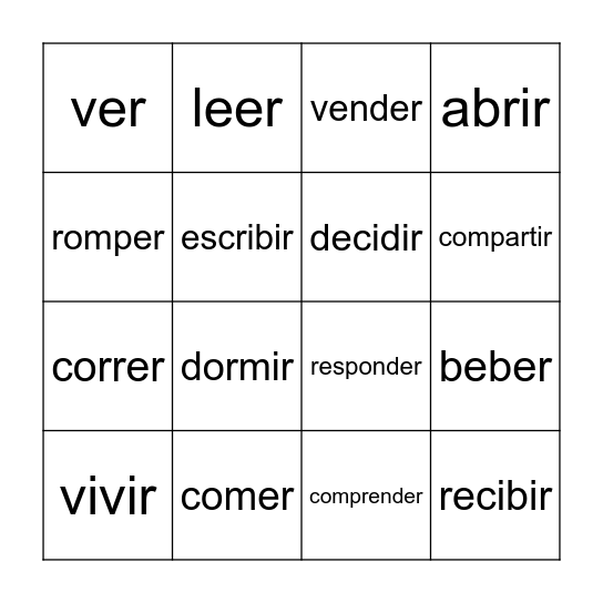 -Er/ -Ir Verbs Bingo Card