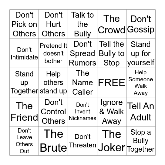 DON'T BE A BULLY!!!! Bingo Card