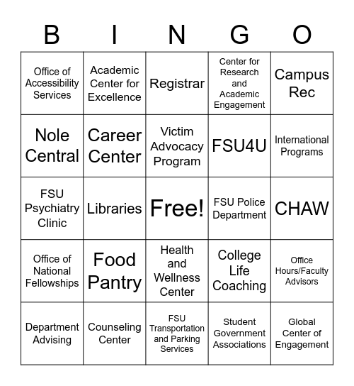 Campus Resources Bingo Card