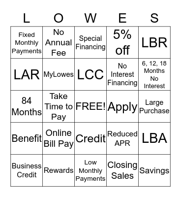 Lowe's Credit Bingo Card