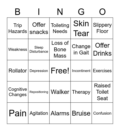 Fall Prevention Bingo Card