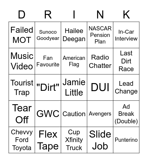 NASCAR Bingo Card