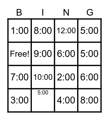 Time to the Hour Bingo Card