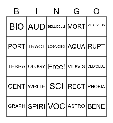 Latin and Greek Roots Bingo Card