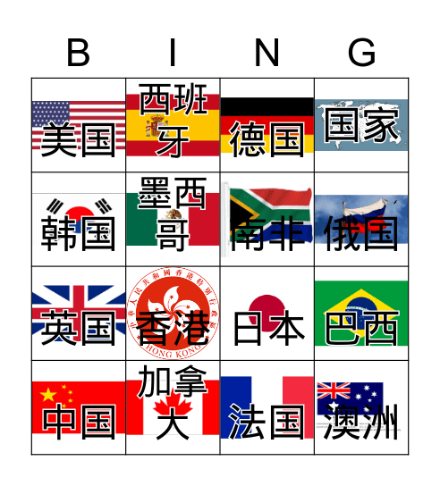 国家 Bingo Card