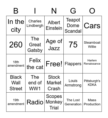 1920s Bingo Card