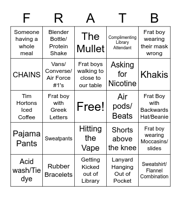 Frat Boy Bingo Card