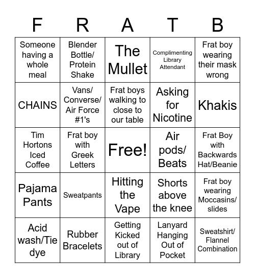 Frat Boy Bingo Card