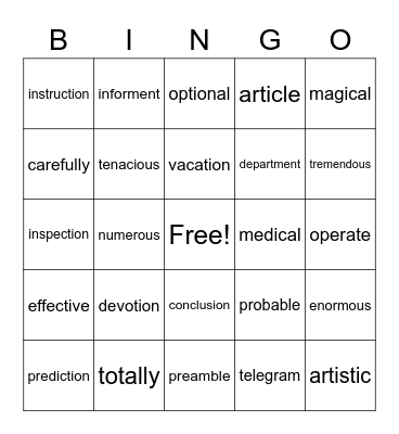 3 syllables Bingo Card